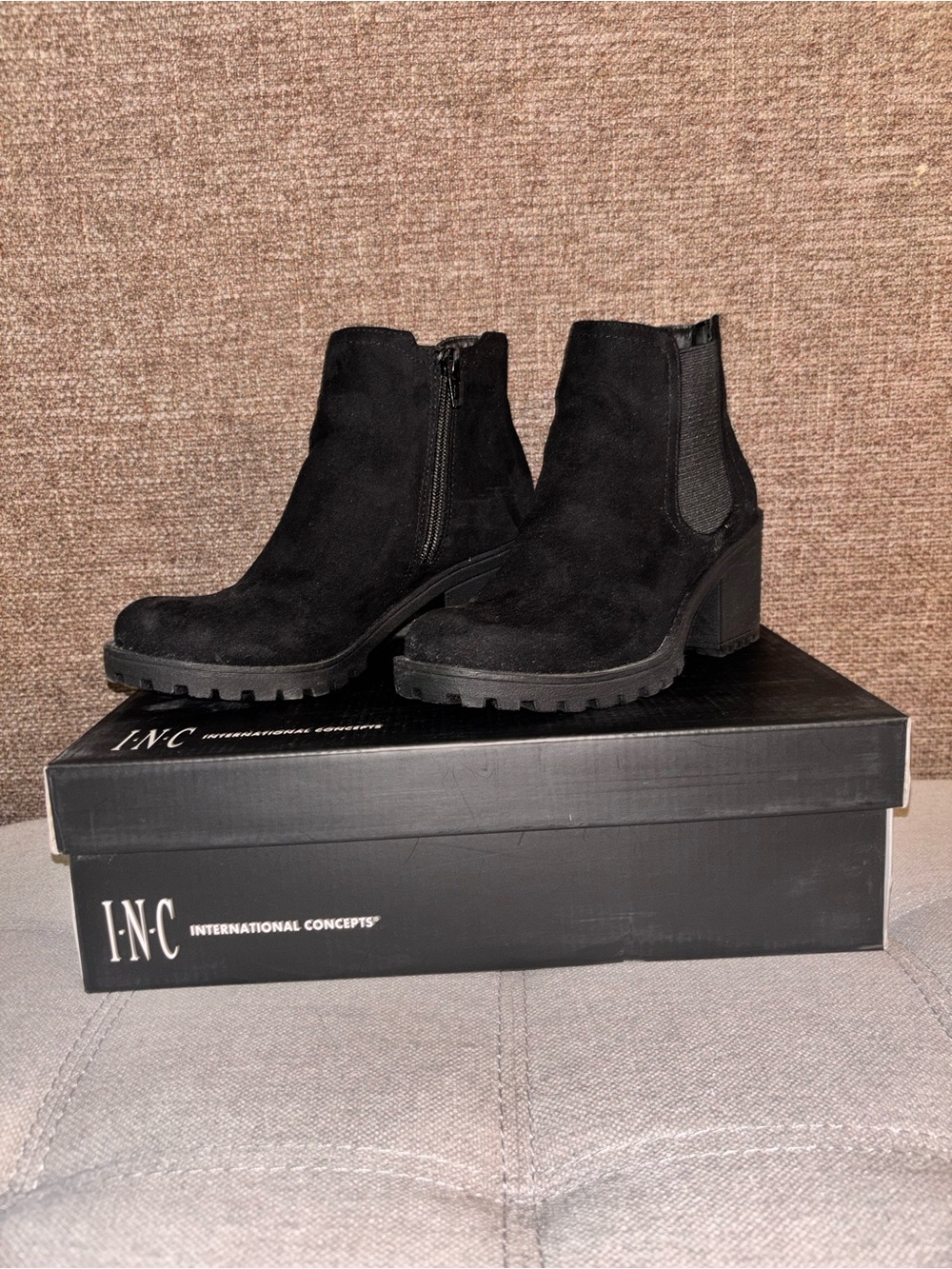 INC International Concepts Black Suede Block Heel Ankle Boots